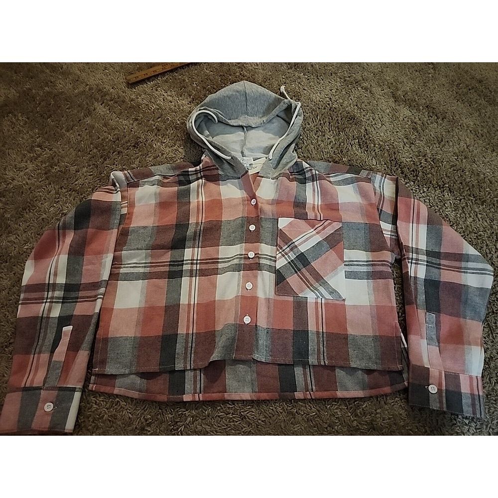 BLUE RAIN Francesca's Womens Plaid Cropped Button Front Hooded Flannel Size Sm